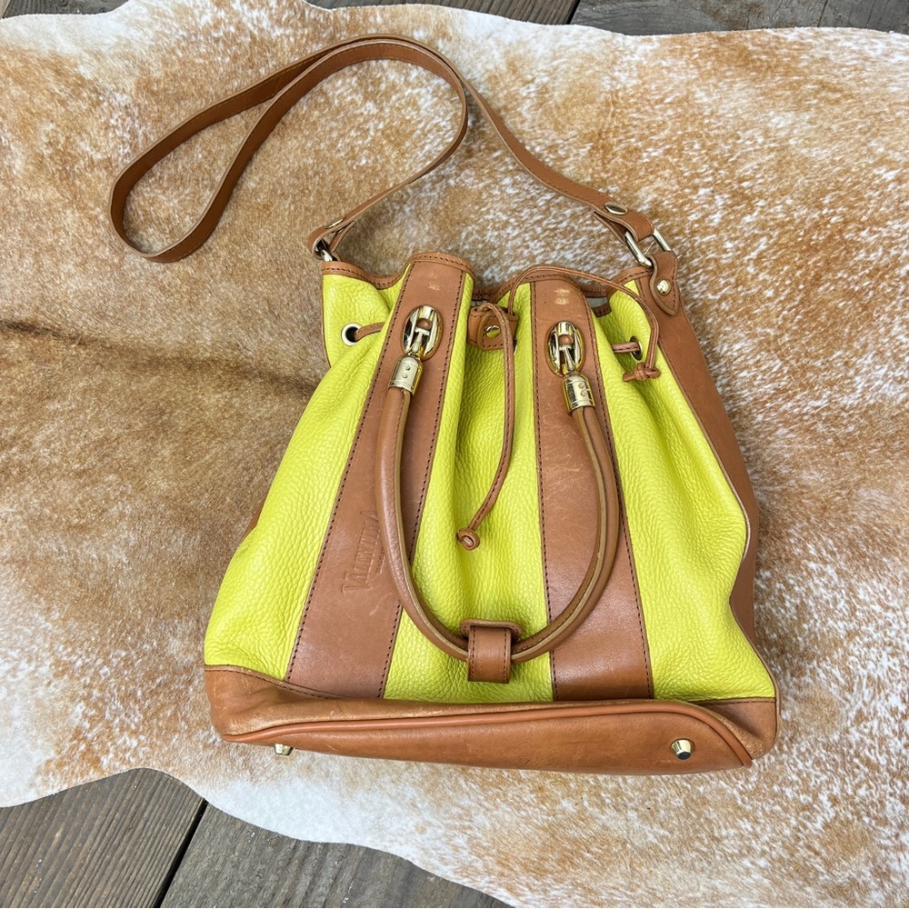 Valentina Yellow and Camel Drawstring Bucket Bag